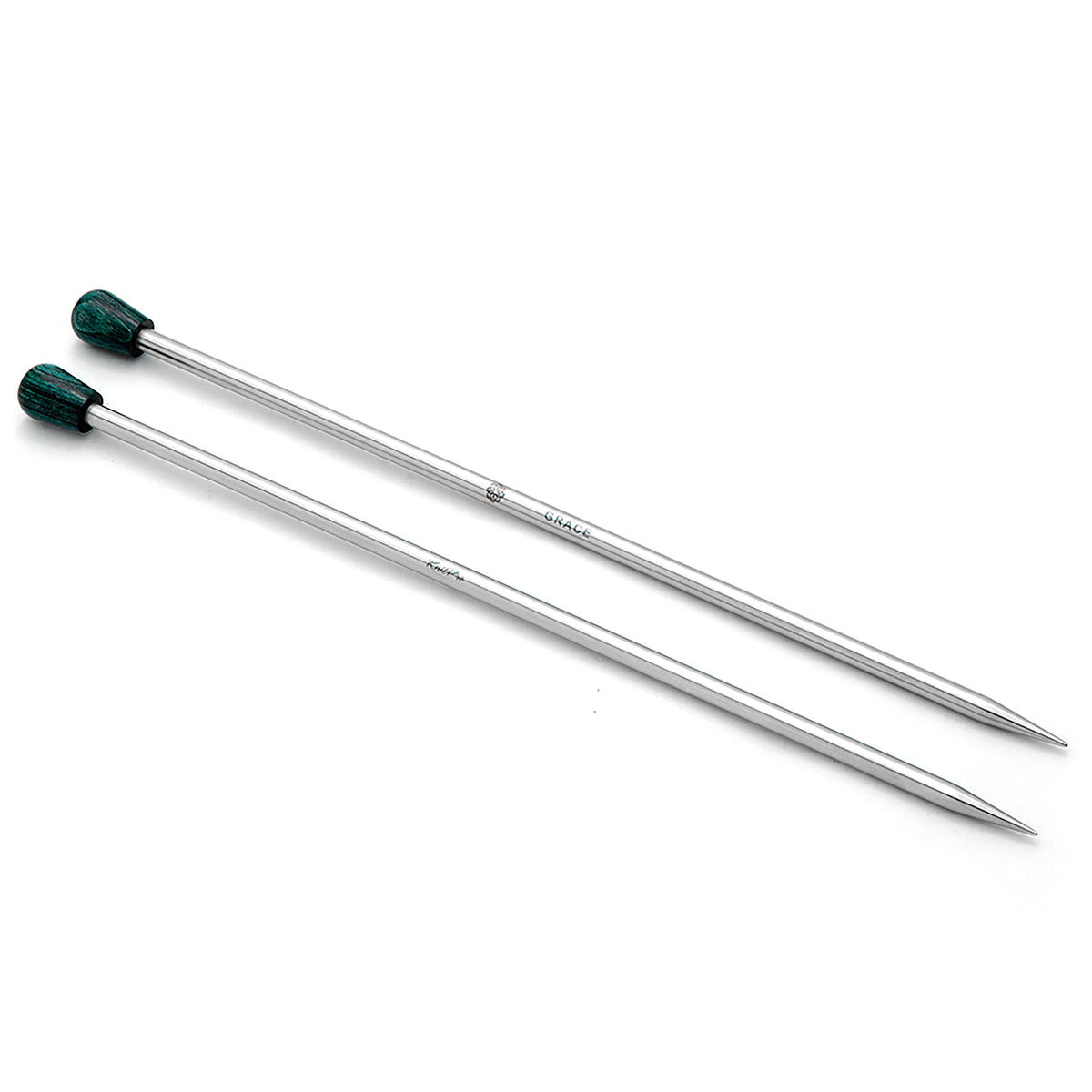 Pair of KnitPro Mindful stainless steel straight knitting needles with teal wooden ends, 2.25mm