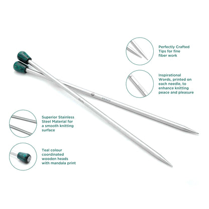 Pair of KnitPro Mindful 3.5mm stainless steel knitting needles with teal wooden heads