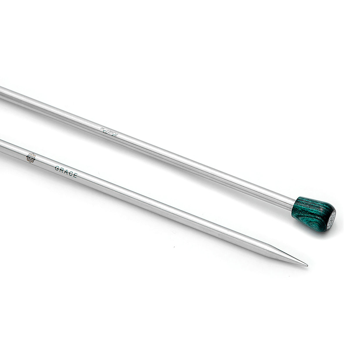 Pair of KnitPro Mindful 2mm stainless steel knitting needles with teal wooden heads