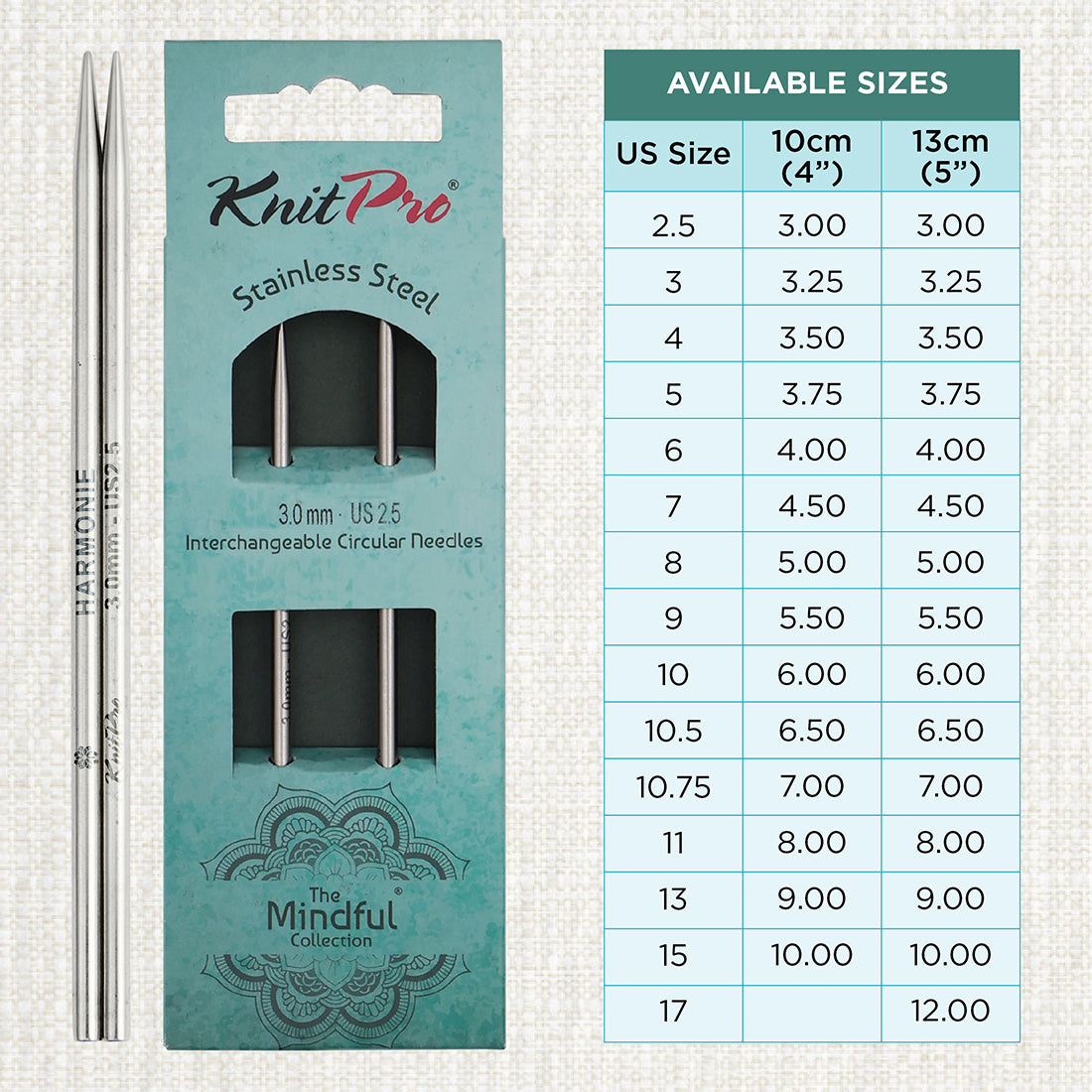 Pair of KnitPro Mindful stainless steel mini lace needle tips, 3mm