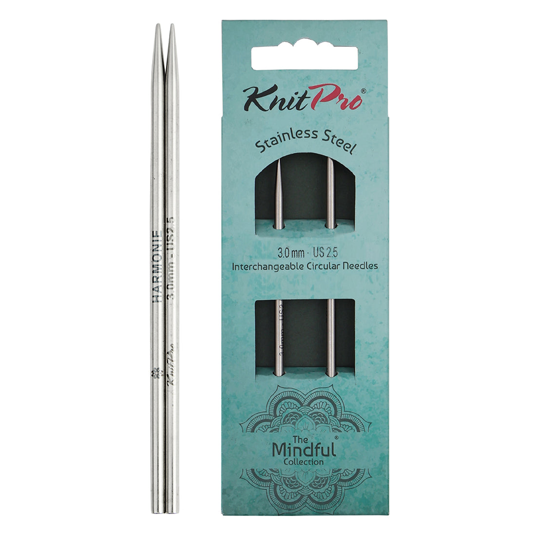 Pair of KnitPro Mindful stainless steel mini lace needle tips, 3mm
