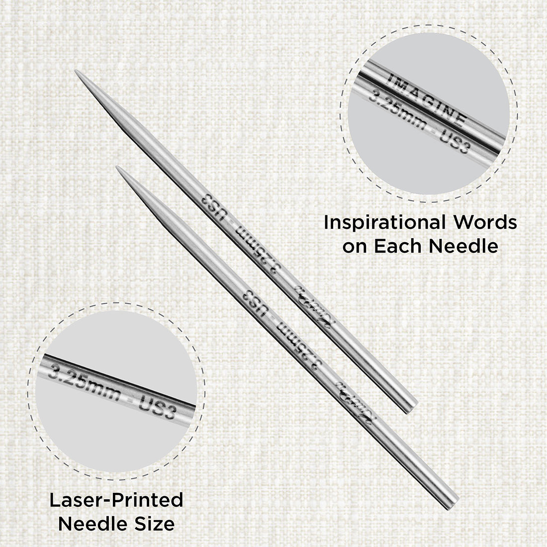 Pair of KnitPro Mindful stainless steel lace interchangeable needle tips, 3.25mm