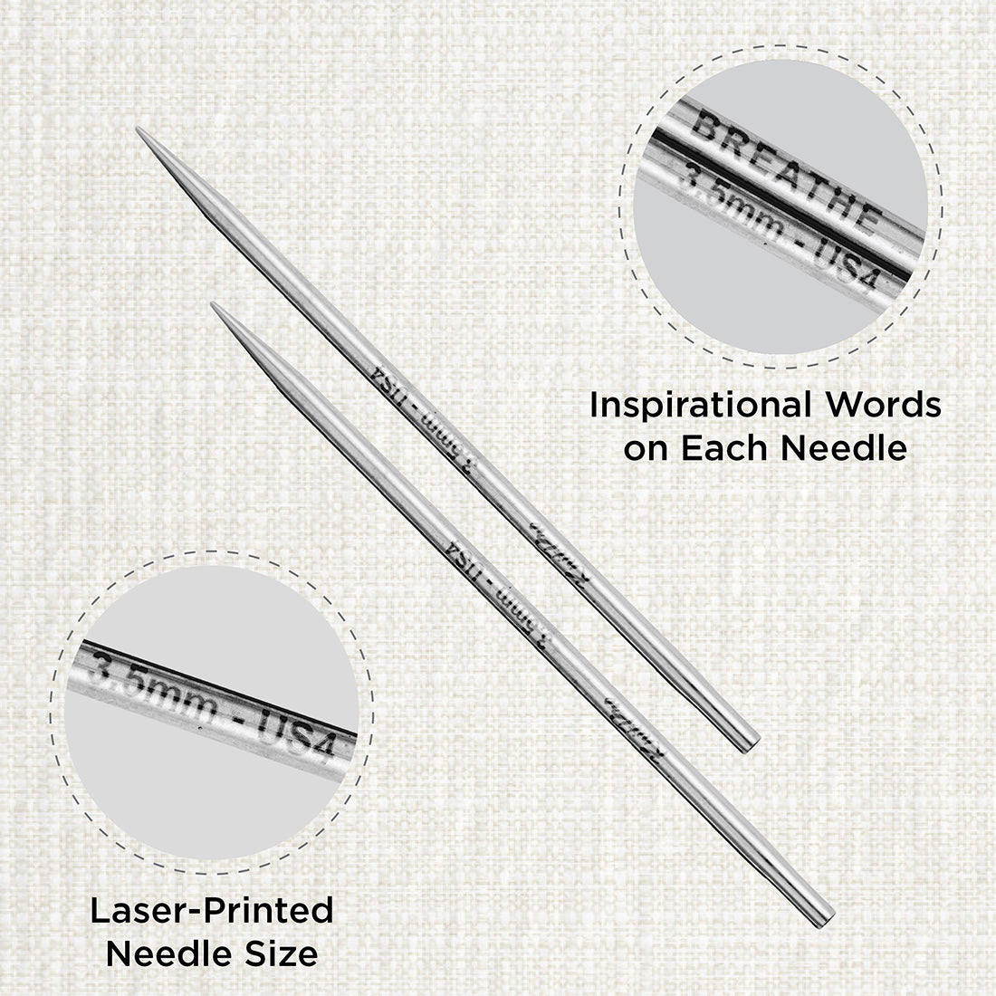 Pair of KnitPro Mindful stainless steel lace interchangeable needle tips, 3.5mm