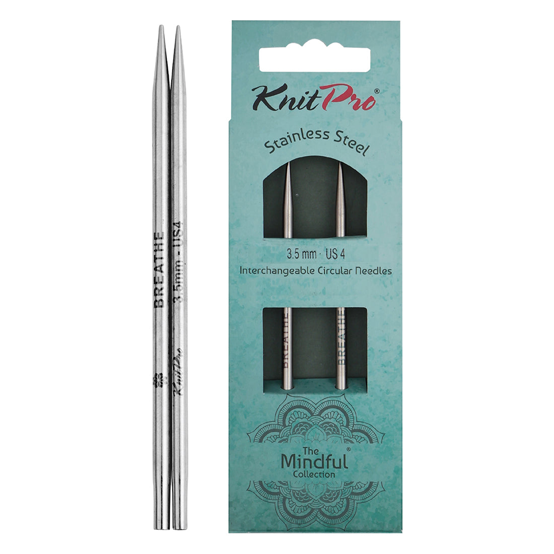 Pair of KnitPro Mindful stainless steel lace interchangeable needle tips, 3.5mm