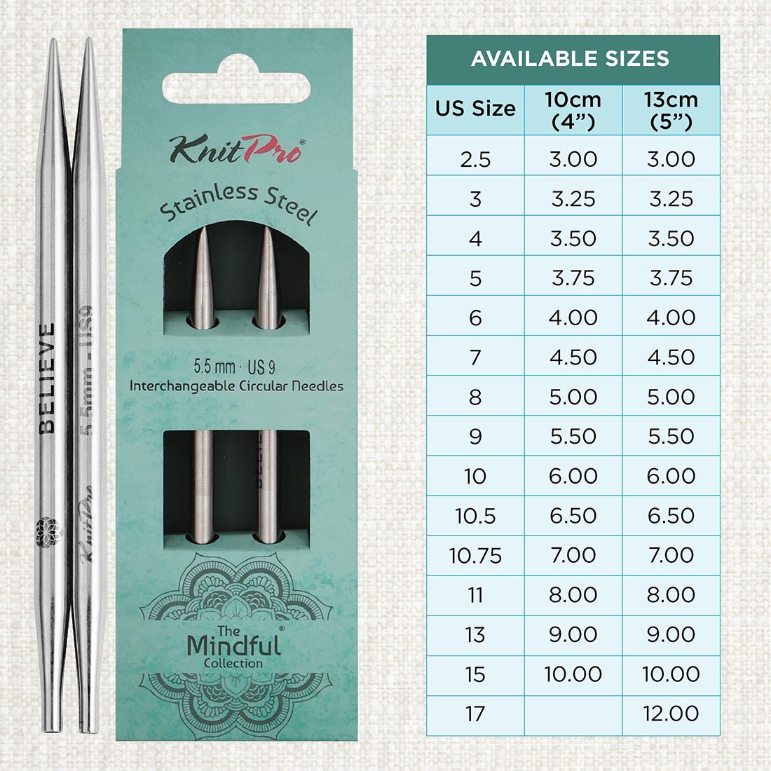 Pair of KnitPro Mindful stainless steel lace interchangeable needle tips, 5.5mm