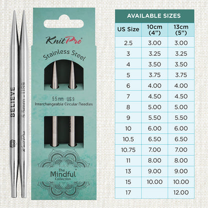 Pair of KnitPro Mindful stainless steel lace interchangeable needle tips, 5.5mm