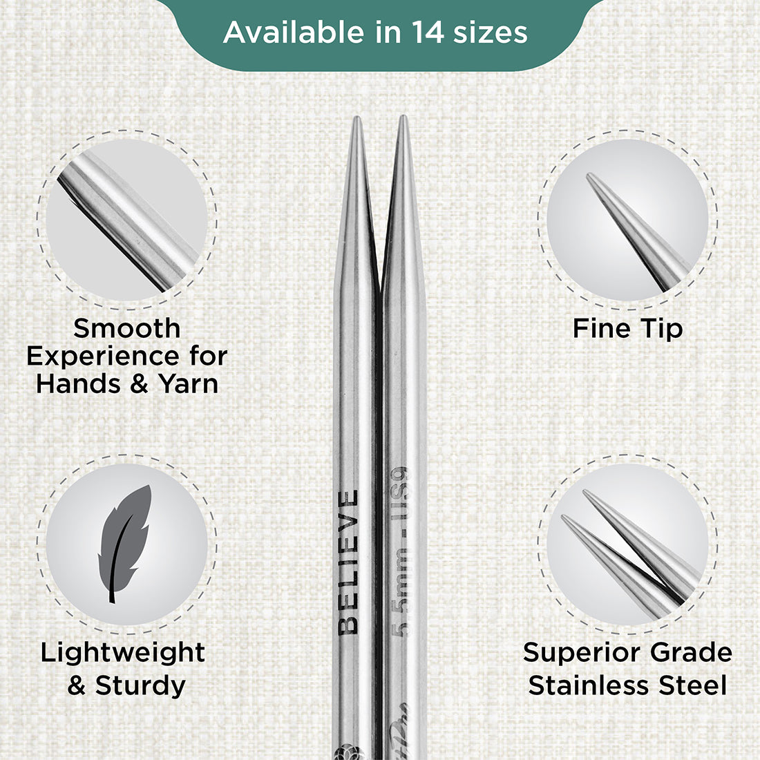Pair of KnitPro Mindful stainless steel lace interchangeable needle tips, 5.5mm