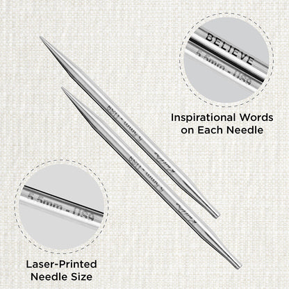 Pair of KnitPro Mindful stainless steel lace interchangeable needle tips, 5.5mm