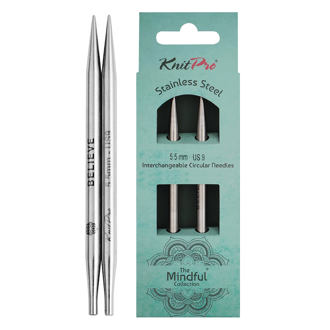Pair of KnitPro Mindful stainless steel lace interchangeable needle tips, 5.5mm