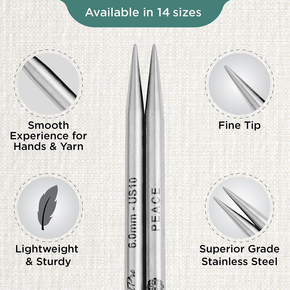 Pair of KnitPro Mindful stainless steel lace interchangeable needle tips, 6mm
