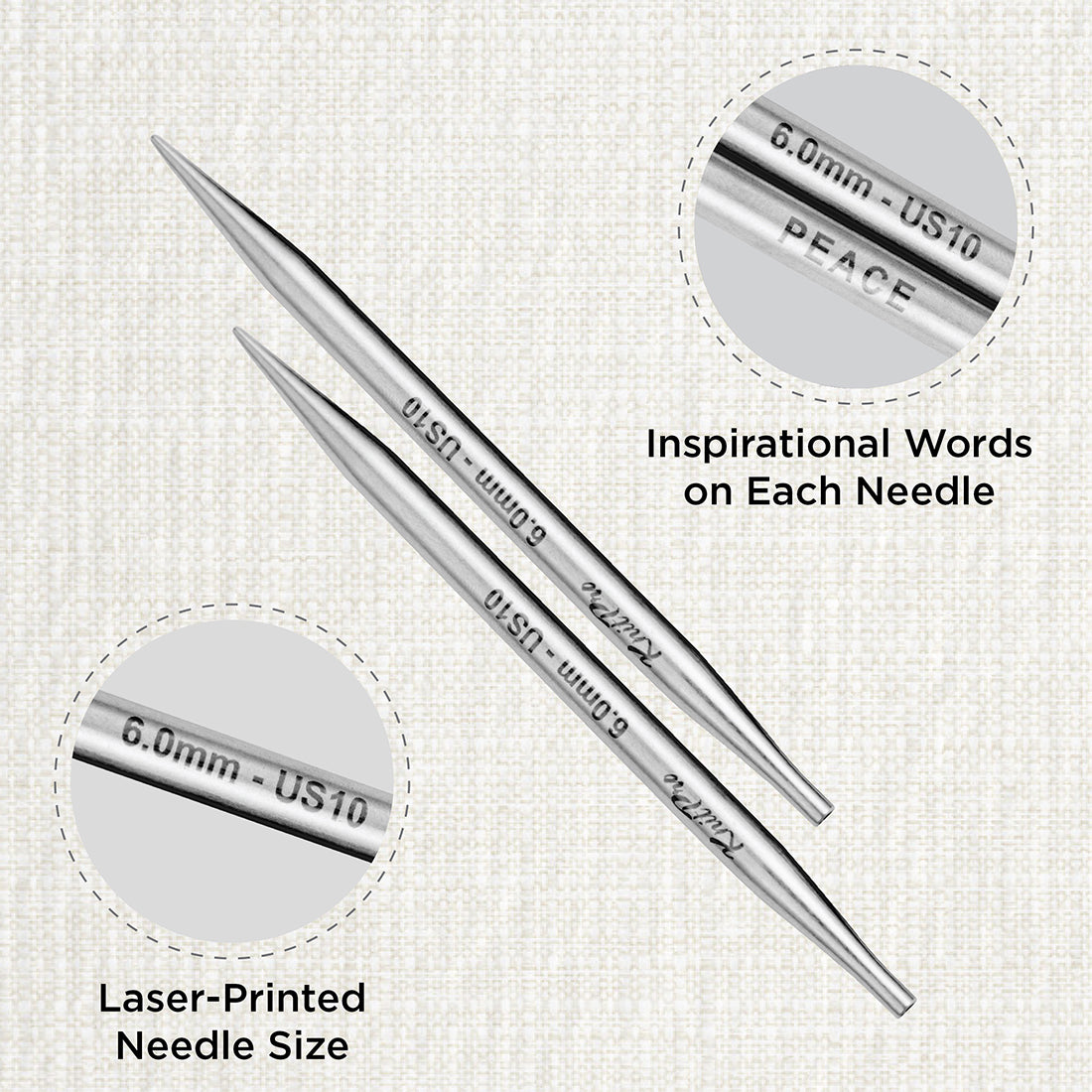 Pair of KnitPro Mindful stainless steel lace interchangeable needle tips, 6mm