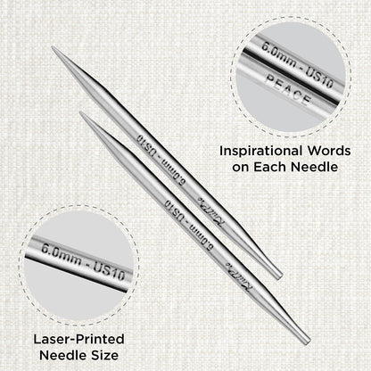 Pair of KnitPro Mindful stainless steel lace interchangeable needle tips, 6mm