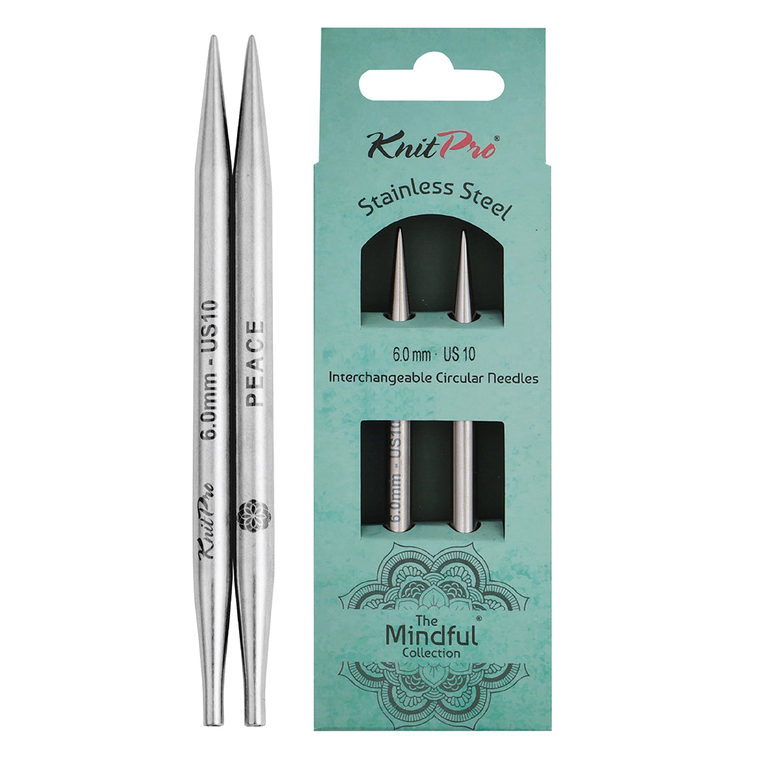 Pair of KnitPro Mindful stainless steel lace interchangeable needle tips, 6mm