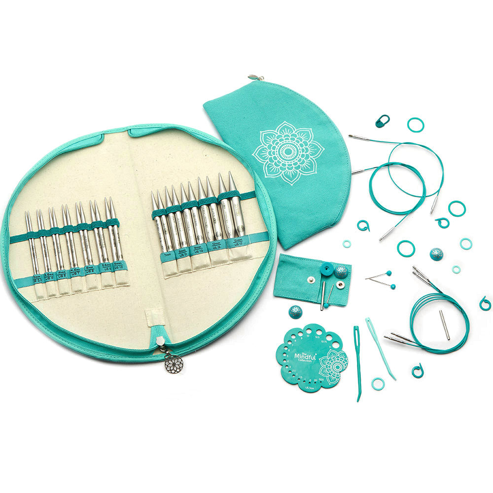 KnitPro Mindful Gratitude interchangeable needle set in a round fabric case with mandala design