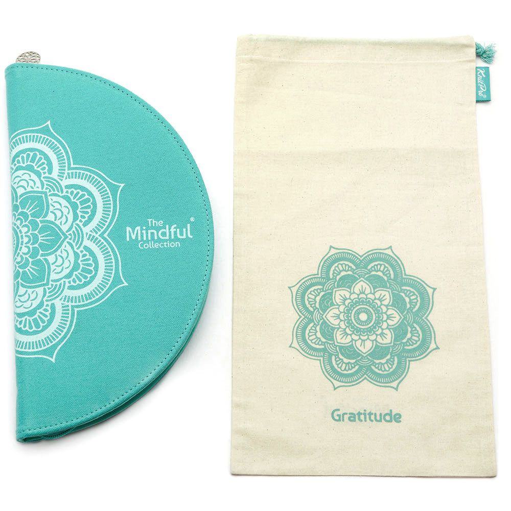 KnitPro Mindful Gratitude interchangeable needle set in a round fabric case with mandala design