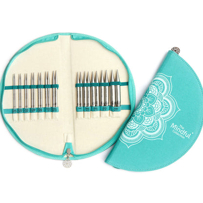 KnitPro Mindful Gratitude interchangeable needle set in a round fabric case with mandala design