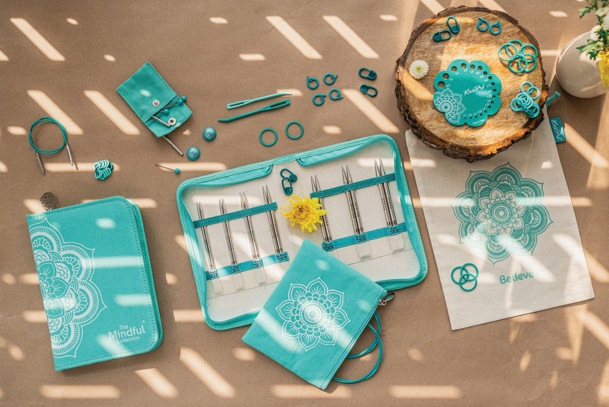 KnitPro Mindful Believe interchangeable needle set in a rectangular fabric case with mandala design