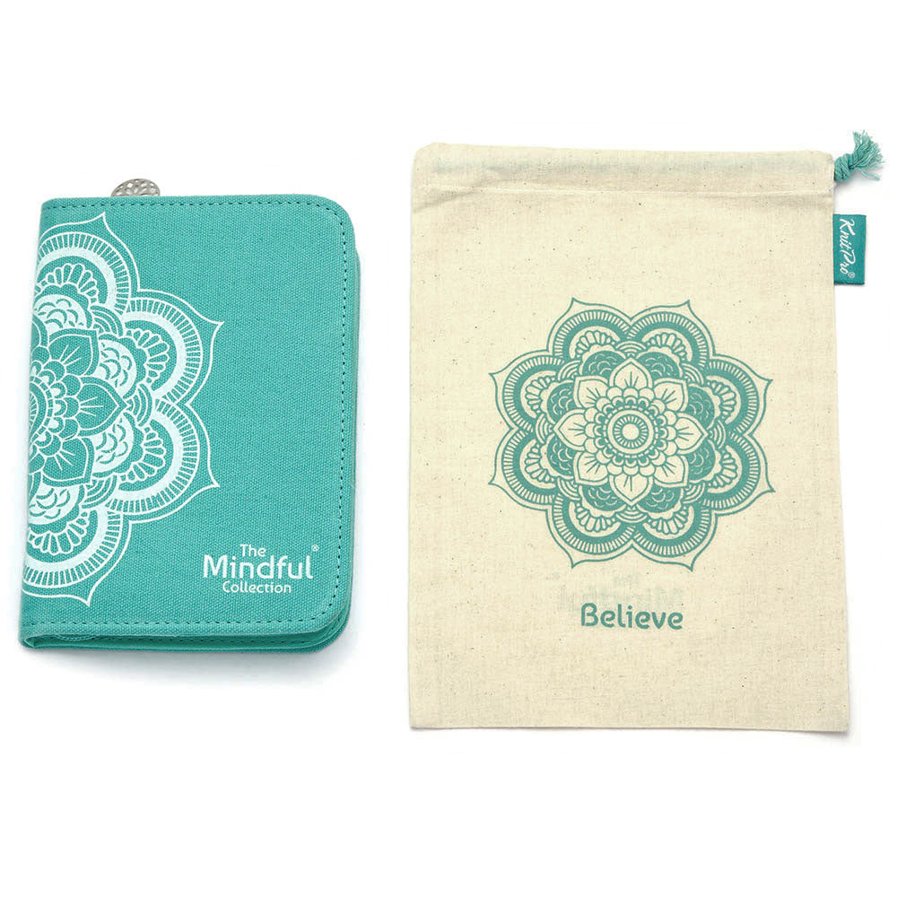 KnitPro Mindful Believe interchangeable needle set in a rectangular fabric case with mandala design
