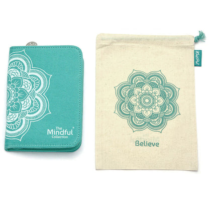 KnitPro Mindful Believe interchangeable needle set in a rectangular fabric case with mandala design