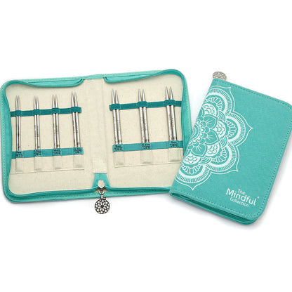 KnitPro Mindful Believe interchangeable needle set in a rectangular fabric case with mandala design