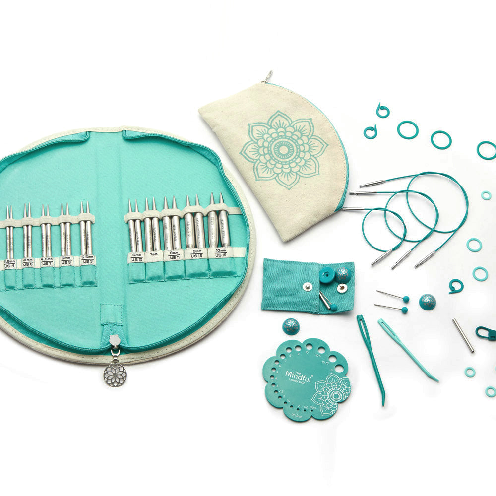 KnitPro Mindful Warmth interchangeable needle set in a semi-circular mandala fabric case