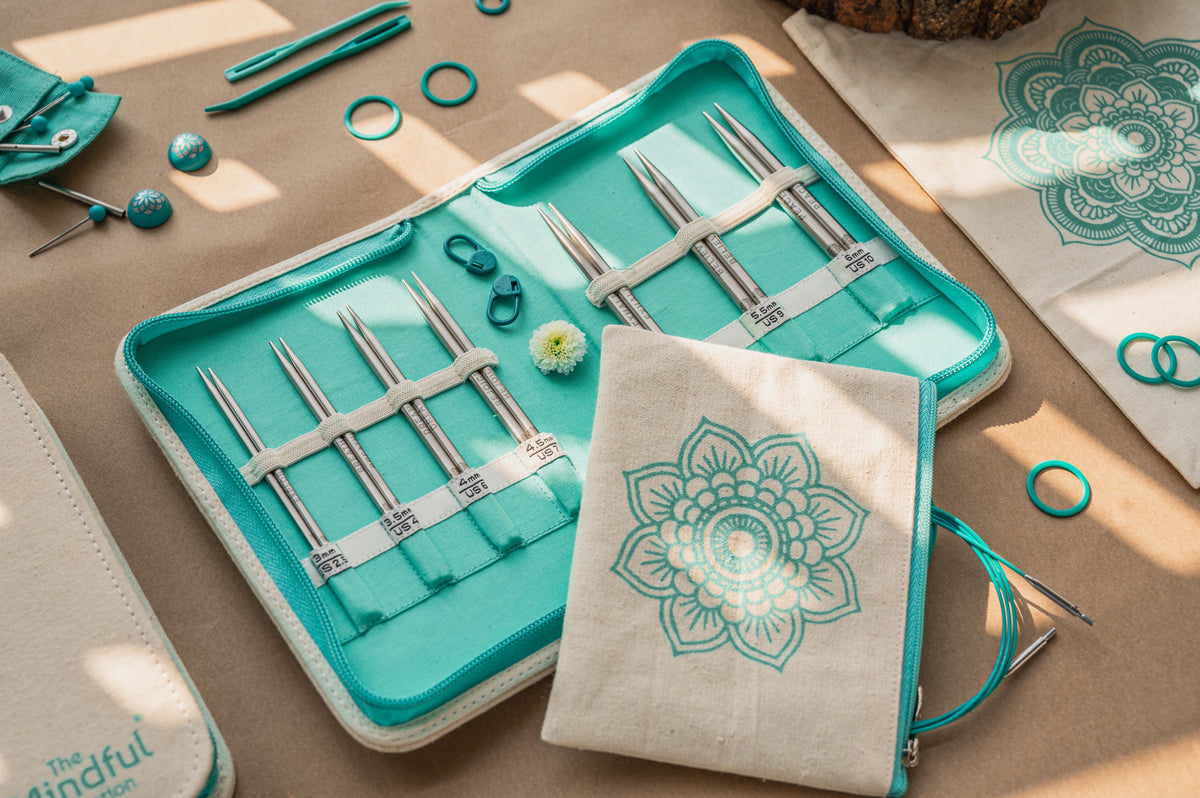 KnitPro Mindful Kindness interchangeable needle set in a rectangular mandala fabric case