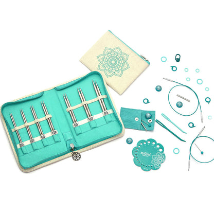 KnitPro Mindful Kindness interchangeable needle set in a rectangular mandala fabric case