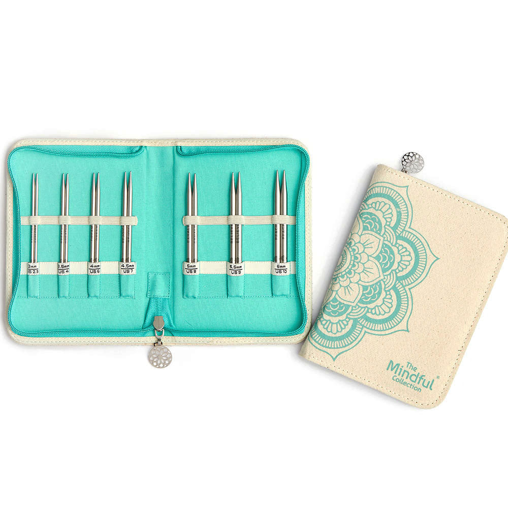 KnitPro Mindful Kindness interchangeable needle set in a rectangular mandala fabric case