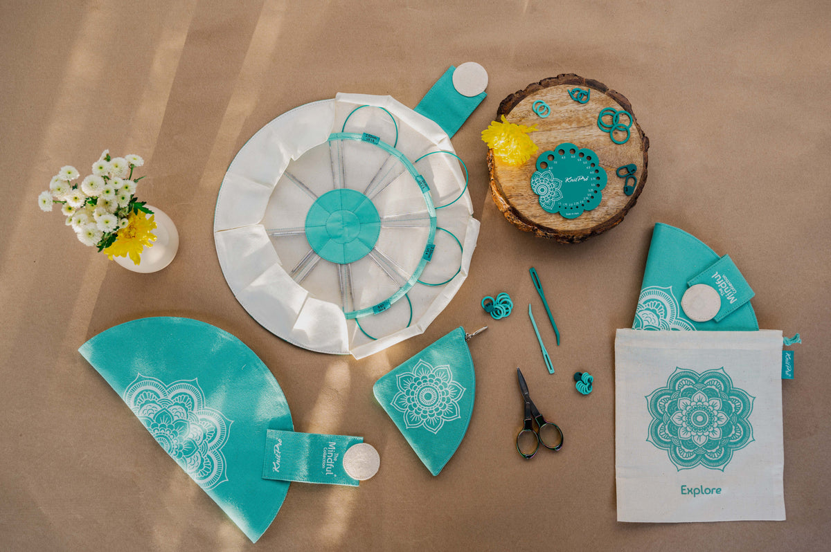 KnitPro Mindful Explore fixed circular needle set in a triangular mandala fabric case