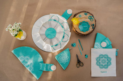 KnitPro Mindful Explore fixed circular needle set in a triangular mandala fabric case