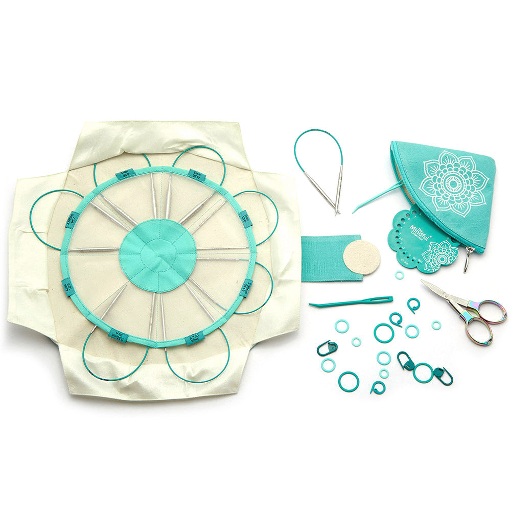 KnitPro Mindful Explore fixed circular needle set in a triangular mandala fabric case