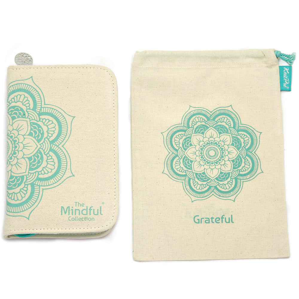 KnitPro Mindful Grateful double pointed needle set in a rectangular mandala fabric case