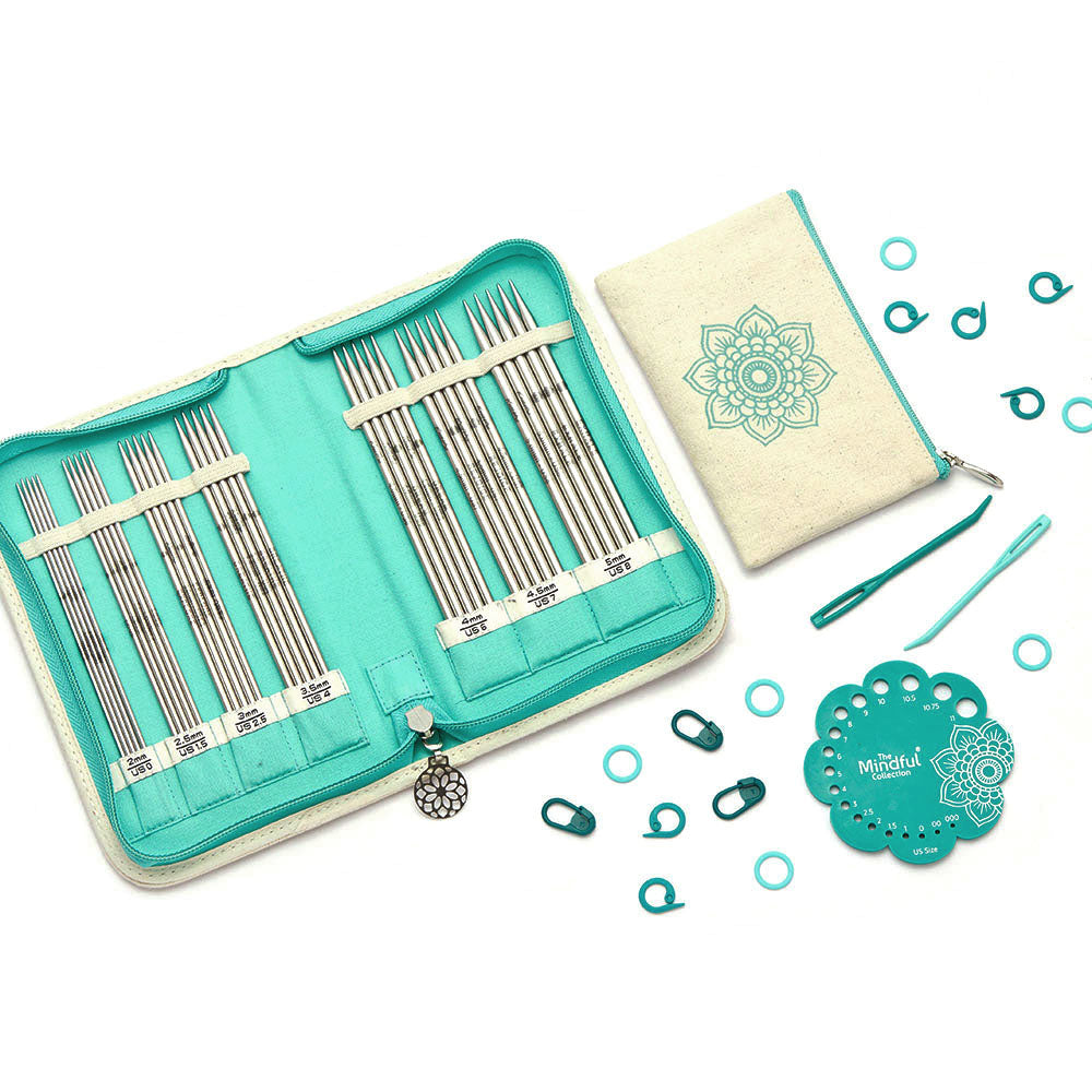 KnitPro Mindful Grateful double pointed needle set in a rectangular mandala fabric case
