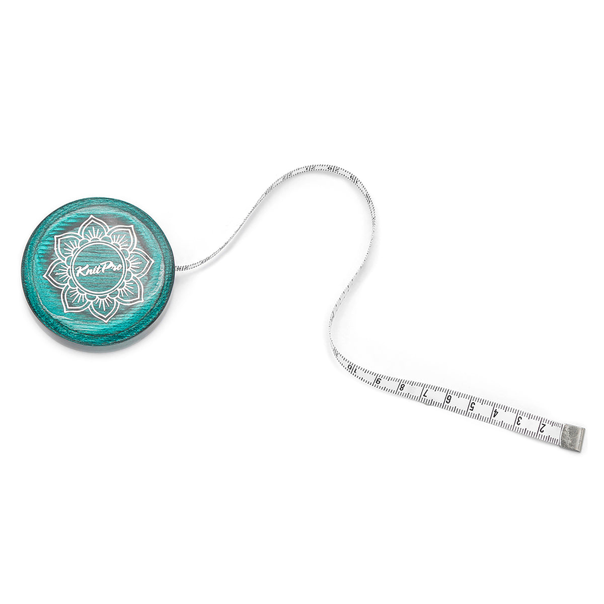 Round teal wooden retractable tape measure with a lotus design