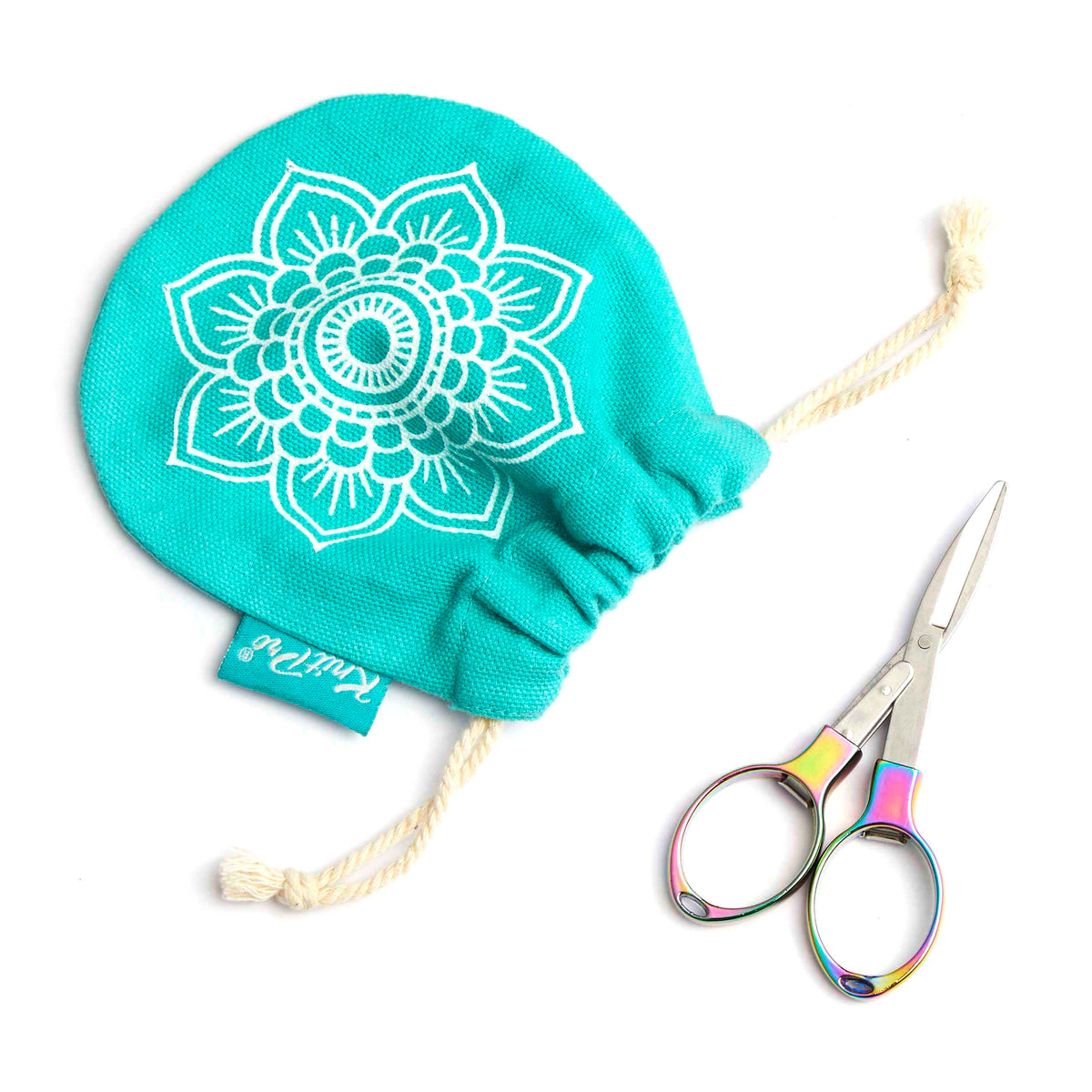 Rainbow finish folding scissors with a drawstring pouch