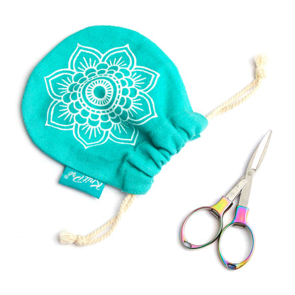 Rainbow finish folding scissors with a drawstring pouch