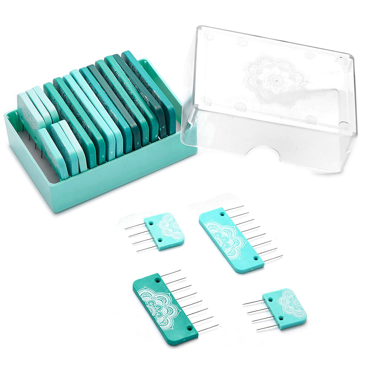 Teal mandala knit blockers with stainless steel pins and storage case