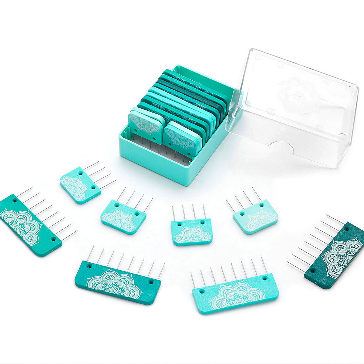 Teal mandala knit blockers with stainless steel pins and storage case