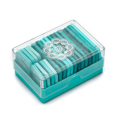 Teal mandala knit blockers with stainless steel pins and storage case