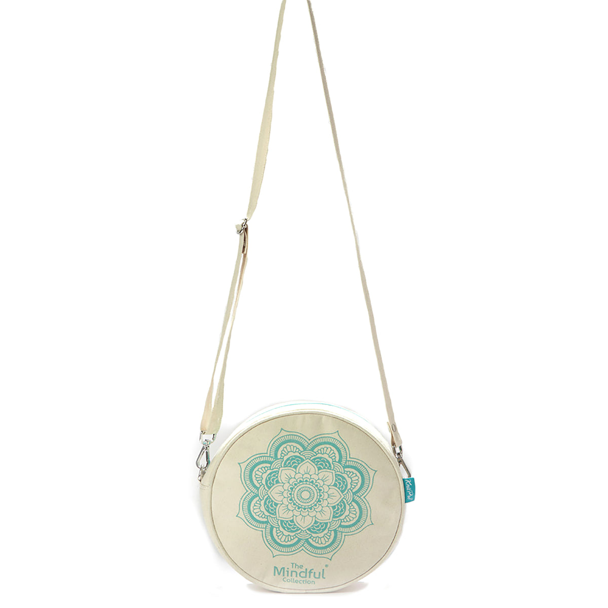 Two round KnitPro Mindful bags, large and small, with a strap