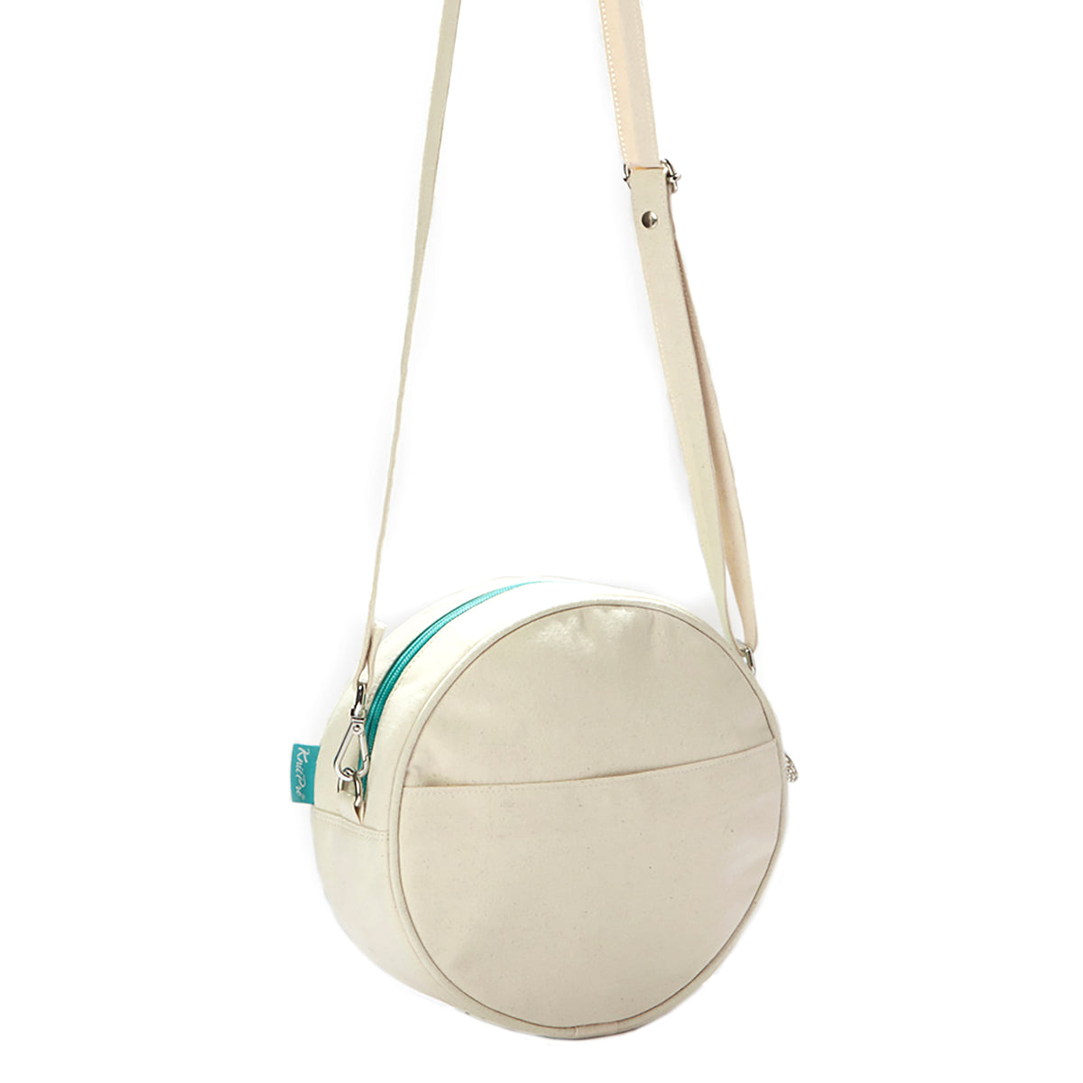 Two round KnitPro Mindful bags, large and small, with a strap