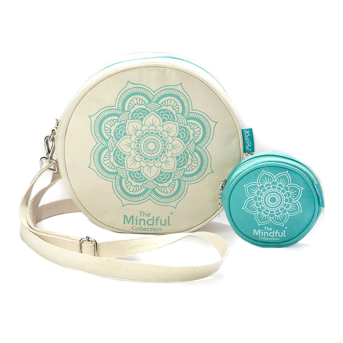 Two round KnitPro Mindful bags, large and small, with a strap