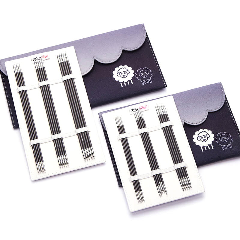 KnitPro Karbonz 15cm double pointed knitting needles in a grey fabric case