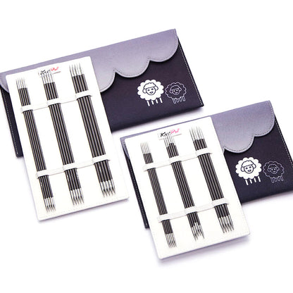 KnitPro Karbonz 15cm double pointed knitting needles in a grey fabric case