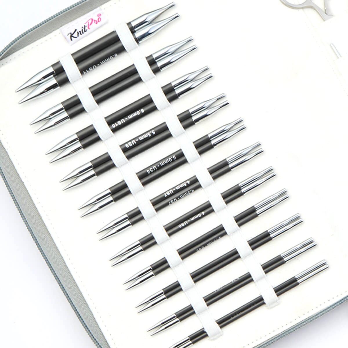KnitPro Karbonz Regal interchangeable knitting needle set in a grey fabric case