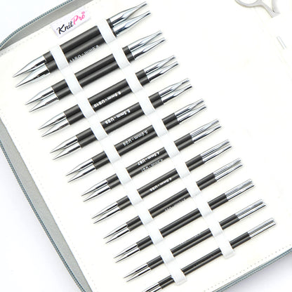 KnitPro Karbonz Regal interchangeable knitting needle set in a grey fabric case