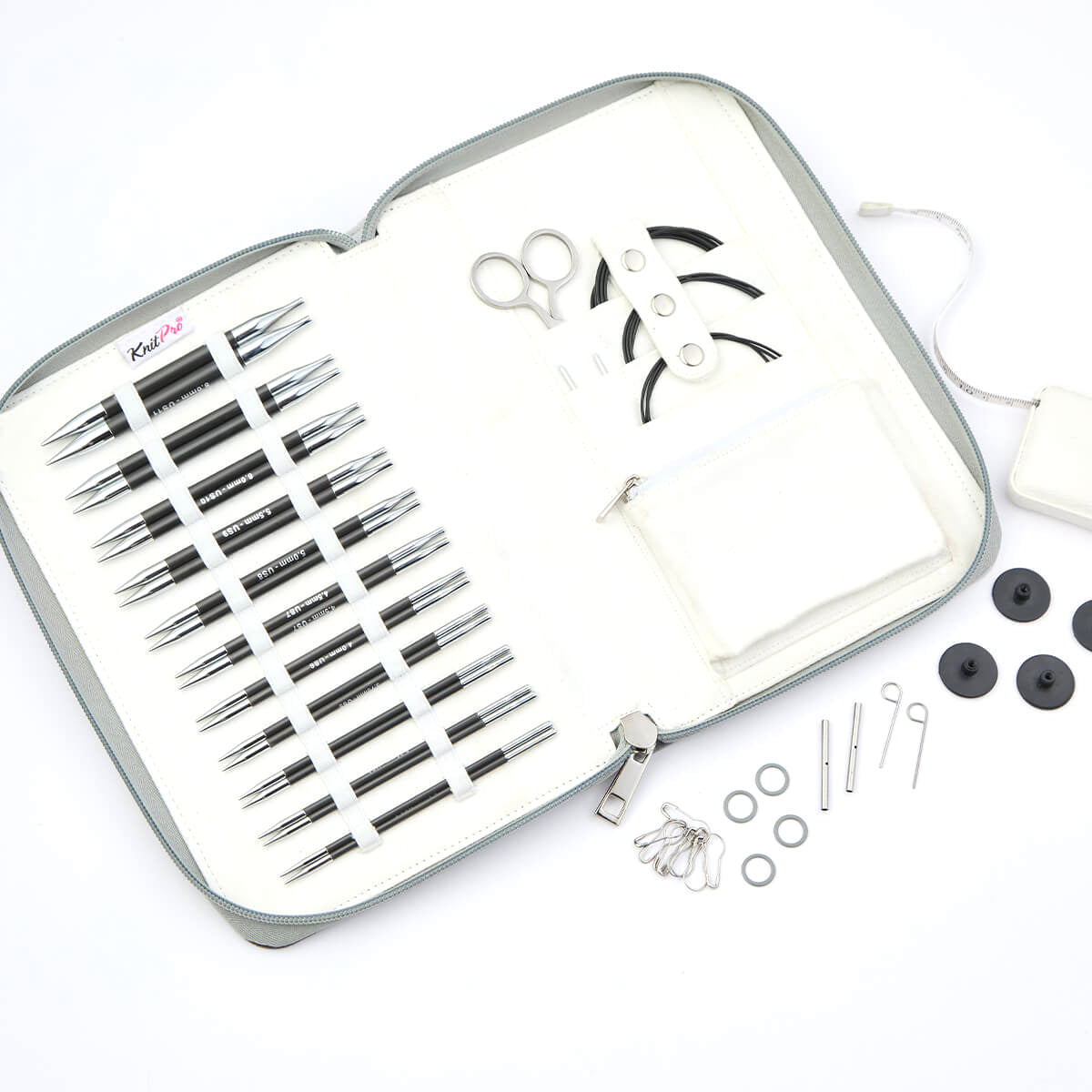 KnitPro Karbonz Regal interchangeable knitting needle set in a grey fabric case