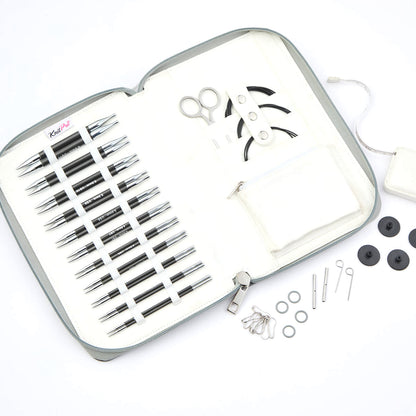 KnitPro Karbonz Regal interchangeable knitting needle set in a grey fabric case