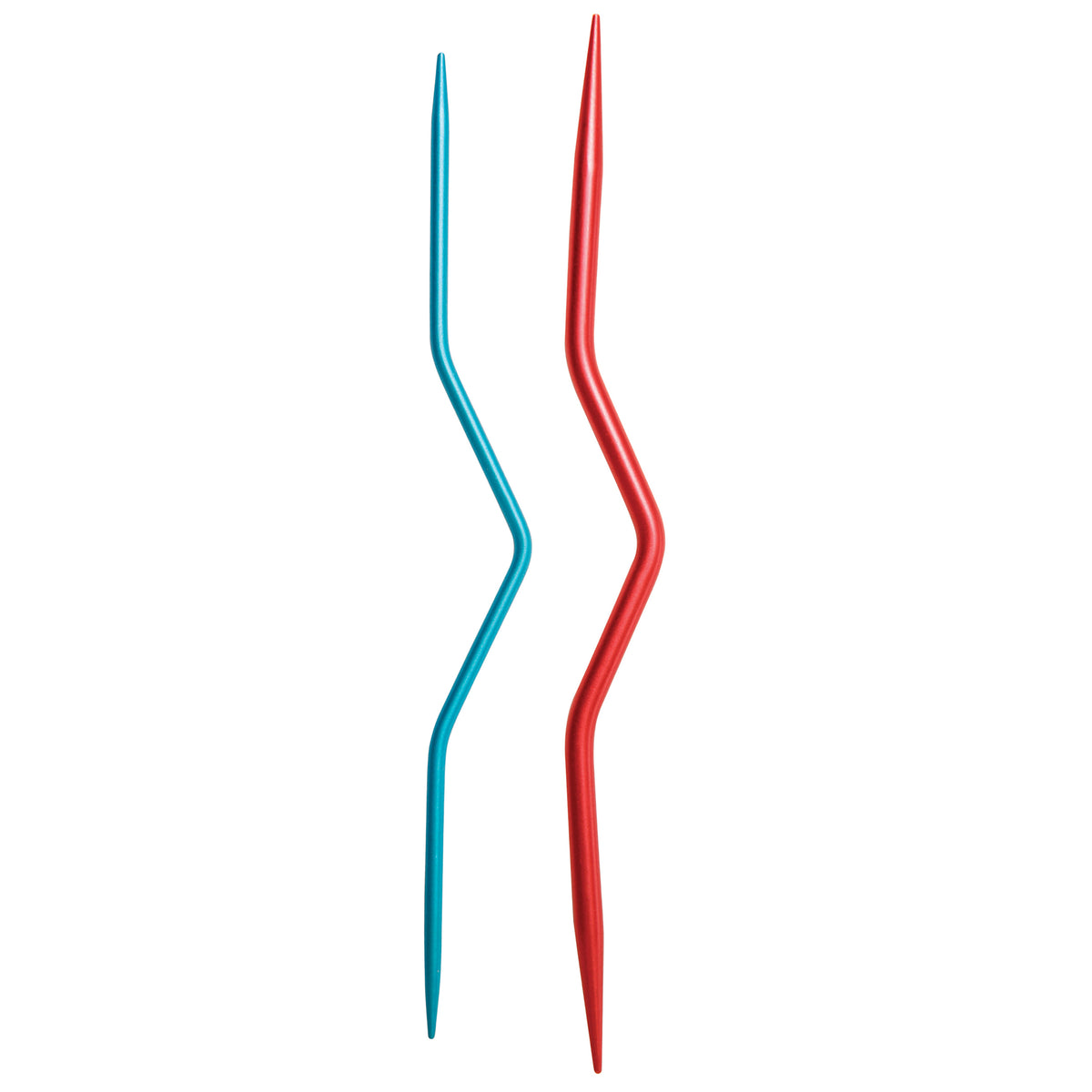 Two coloured aluminium cable needles