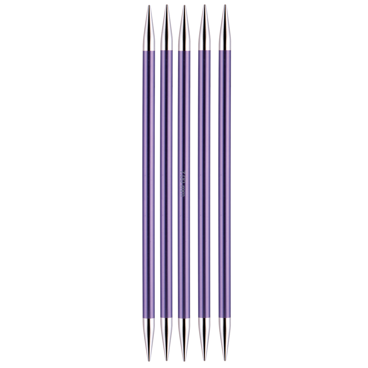 Set of five coloured aluminium KnitPro Zing double-pointed knitting needles